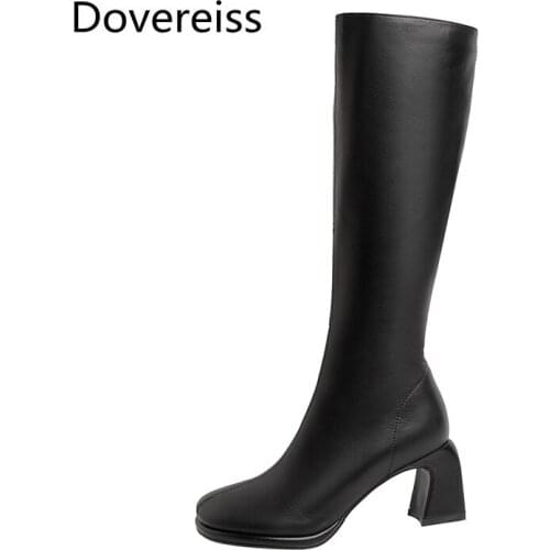 Dovereiss Fashion Womens Shoes Winter new Elegant Pure color beige sexy Zipper Knee high boots Chunky heels Concise 34-39