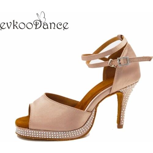 Platform Latin Dancing shoes 8.5cm heel deep skin Color rhinestone Size US 4-12 Zapatos De Bail Latin Shoes For Women Evkoo-583