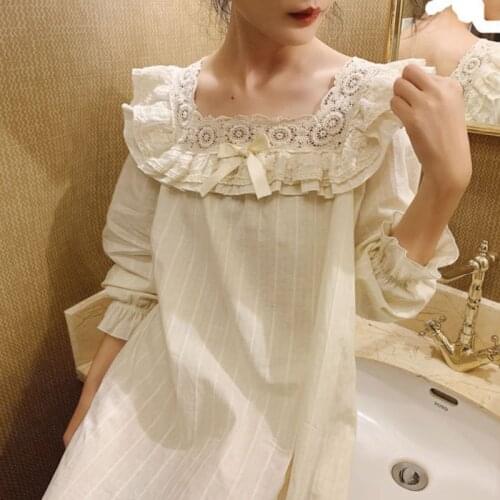 Vintage Cotton Long Nightgown Women Spring Autumn Lace Retro Princess Sleepwear Elegant Female Victorian Night Dress Sleep Gowns
