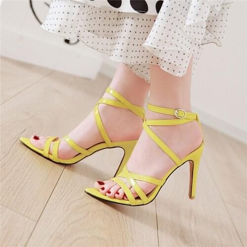 Women Plus Size Shoes High Heels Sandals 2020 Sexy Patent Leather Ankle Strap Stiletto Heel Ladies Sandals Summer Shoes Yellow