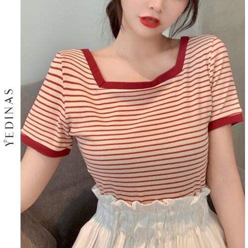 Yedinas Korean Style Women T-shirt Casual Striped T Shirt Square Collar Knitted Tee Tops Short Sleeve Female Tshirts Summer 2021