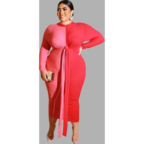 Autumn Womens Casual Round Neck Long Sleeve Dress Color Matching Contrast Tight Bag Hip Sexy Plus Size Dress Mid-calf Length
