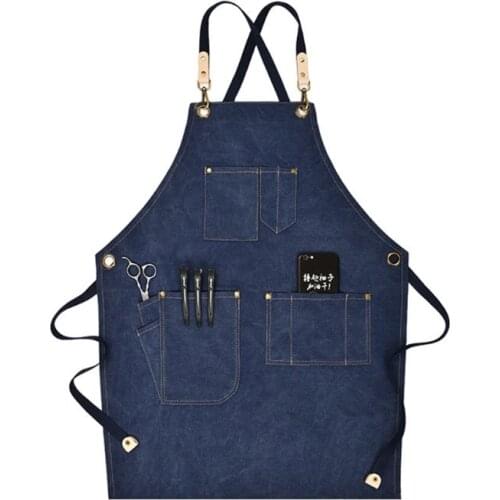 Chef Apron Cotton Canvas Cross Back Adjustable Apron with Pockets for Women and