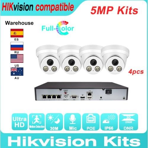 Hikvision Compatible Kits 4PCS 5MP POE IP Camera ColorVu & Hikvision 8CH POE NVR DS-7604NI-Q1/4P DIY Video Security CCTV System