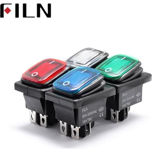 Kcd4 heavy duty four foot waterproof on off sliver contact point copper pin green red led lamp 220v 30A rocker switch