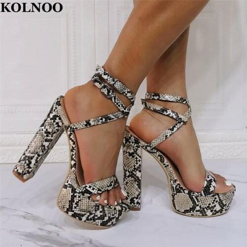 Kolnoo 22 New Arrival Real Photos Womens Chunky Heels Sandals Faux Snake Leather Sexy Platform Classic Party Prom Fashion Shoes