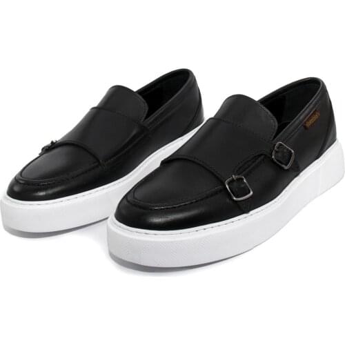 Handmade Double Strap Monk Slip On Loafers with Lightweight Height Increasing EVA Sole, Real Leather, Black Casual Mens Shoes