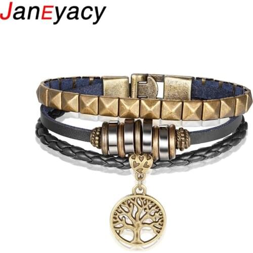 Janeyacy Fashion Leather Bracelet Mens Tree of Life Bracelet Alloy Multilayer Bracelet Bracelet Personality Jewelry Puseras