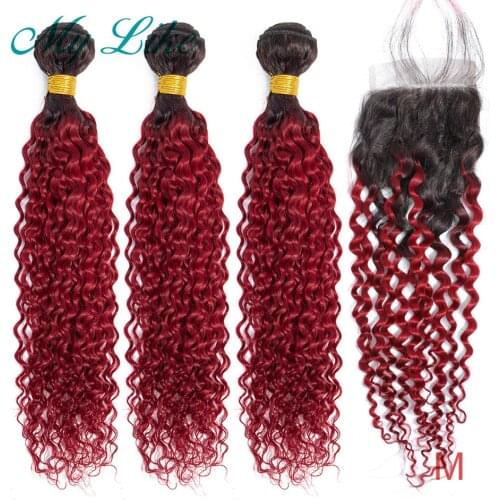 My Like 1B Burgundy Ombre Kinky Curly Bundles with Closure Ombre Brazilian Hair Weave Non-remy Human Hair Bundles with Closure