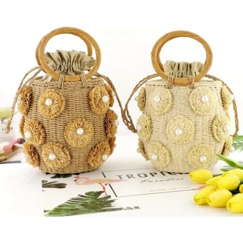New Pearl Straw Bag, Portable Rattan Bag Fashion Female Bag Round Barrel Woven Beach Bag
