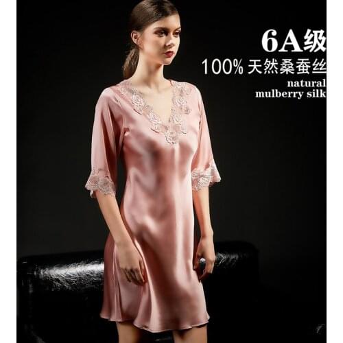 New 100% Mulberry Silk Lace Sexy Pajamas Dress Women Nightwear Spring Short Sleeve Loose Solid Color Silk Nightdress
