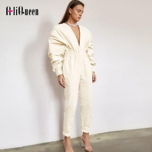 Autumn Loose Puff Sleeve Sexy V Neck Women Jumpsuits Cowboy Long Pant Casual Pockets Pants Overalls Long Trousers Streetwear