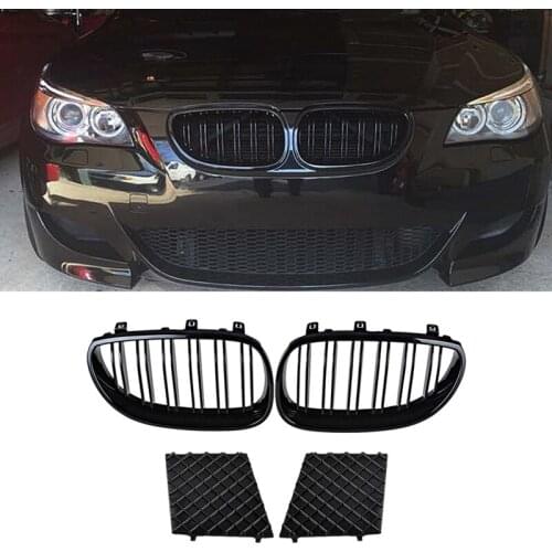 Front Left and Right Kidney Grille Dual Line + Lower Bumper Grill Covers for BMW E60 E61 5Series M Sport 2003-2010 Black