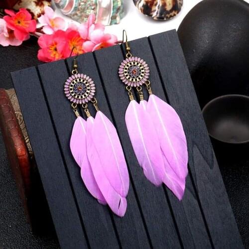 HOT Popular Retro Red Purple Blue Sun Flower Earrings Fashion Feather Tassel Pendant Earrings for Women Girl Jewelry