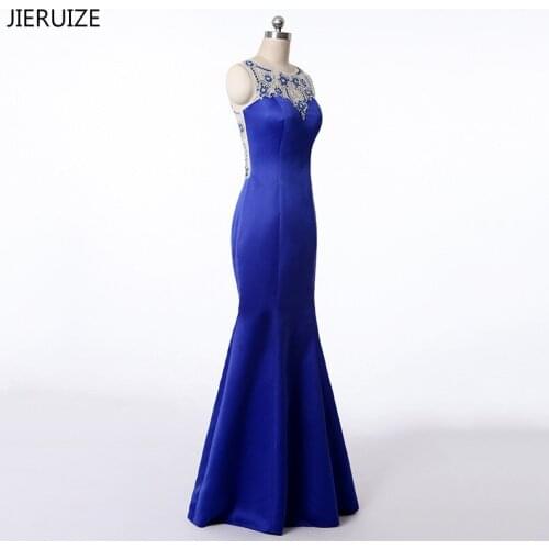 JIRUIZE Royal Blue Luxury Beaded Mermaid Evening Dresses Long Sheer Back Long Prom Dresses Party Dress Evening Gowns