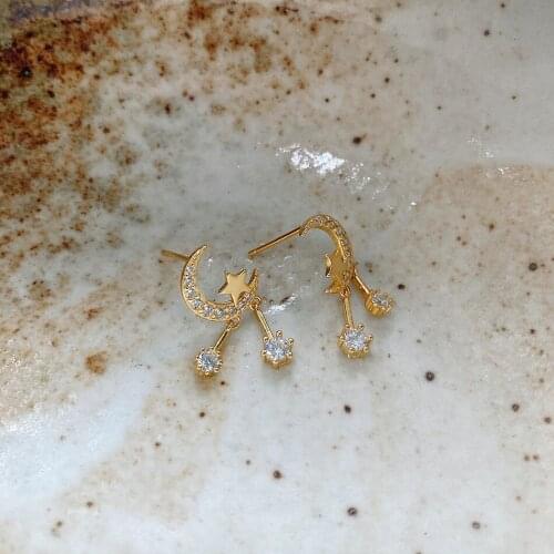 Amaiyllis 925 Sterling Silver CZ Zircon Star and Moon Tassel Earrings Stud Simple Fashion Gold Hoop Earrings For Female