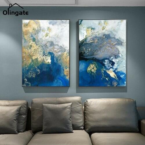 Modern Abstract Gold Blue Marble Texture Canvas Painting Posters and Prints Wall Art One Piece Pictures Living Room Home Decor