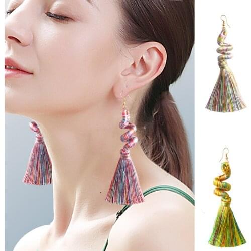 Spiral Snake Tassel Earrings Women Jewelry Bohemian Drop Dangle Long Earrings Cotton Silk Fabric Ethnic Vintage Handmade Jewelry