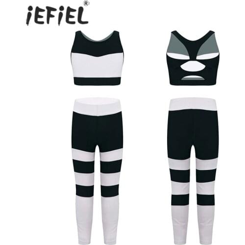 Kids Girls Clothes Sets Stripe Sport Suit Sleeveless Keyhole Back Tanks Crop Top + Leggings Workout Dancewear Gymnastics Outfits