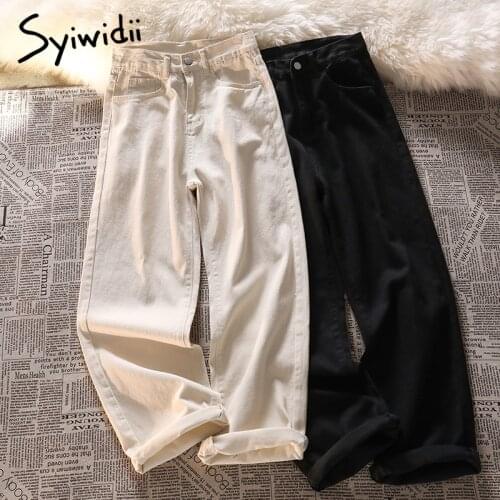 Syiwidii High Waisted Jeans for Women Straight White Wide Leg Denim Pants Streetwear Casual Pockets Female Long Trousers 2021