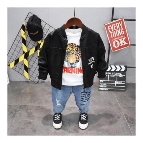 Childrens clothing coat short sleeve suit childrens faux fur coat + T-shirt jeans pants 3 sets of boys sportswear clothes set