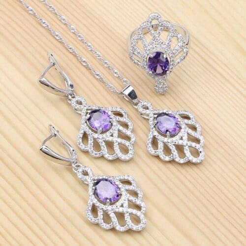 925 Silver Jewelry Purple Cubic Zirconia Bridal Jewelry Sets For Women Annniversary Earrings/Pendant/Necklace/Ring
