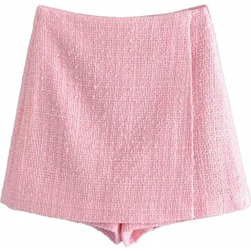 BBWM Chic Tweed Hakama Women Fashion Casual Pink Skirt Elegant Ladies A Line Mini Culottes Casual
