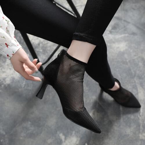 SONDR Spring Autumn New Sexy Mesh Ankle Boots Women Pointed Toe Stiletto Heels Fashion Zip Ladies Party Shoes Size 34-40