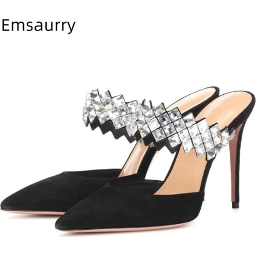 Jeweled Crystal One-strap High Heel Shoes Woman 10cm Thin Heel Pointed Toe Luxury Suede Rhinestone Runway Summer Sandals Women