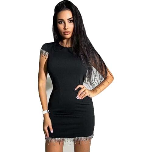 Ladies Black White Backless Bodycon Bandage Dress 2021 Summer Sexy Diamonds Crystal Tassel Club Celebrity Party Elegant Dress