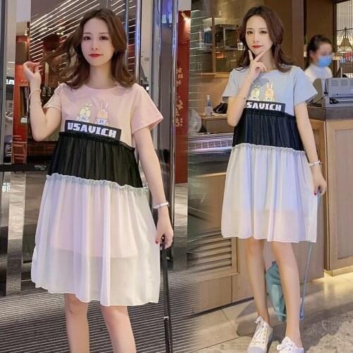6095# Maternity Dress Summer Cotton Short Sleeve Loose Stylish Mid-Long Letter Printing Dress for Pregnant Women Mom Dress