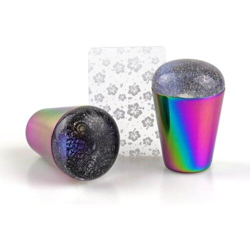 WAKEFULNESS Rainbow Handle Nail Stamper Scraper Shining Holographic Head Clear Silicone Stamper for Nail Art Stamping Plate Tool