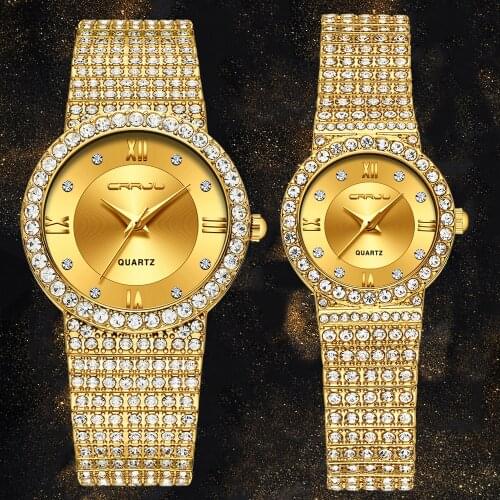 Crrju Couple Watches For Lovers Luxury Golden Watch Men And Women Diamond Gold Wristwatch Rhinestone Relogio Feminino 2019