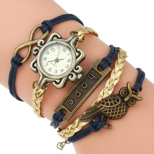 Gnova Platinum Fashion Retro Owl Charm Bracelet Women Watch Paracord Hope Quartz Wristwatch Geneva Style A910
