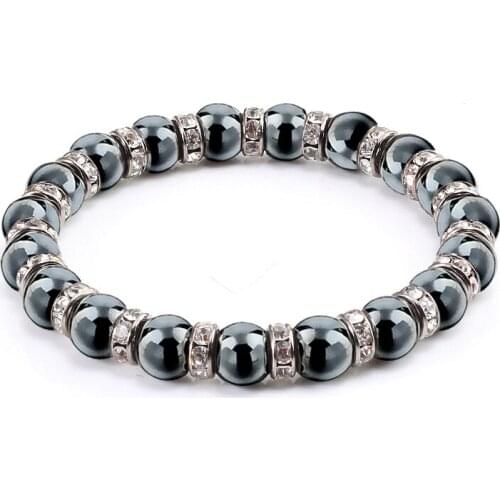 Classic Men Bracelet Natural Stone Hematite Beaded Rhinestones Circle Elastic Energy Bracelets Bangles Prayer Yoga Charm Jewelry