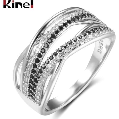 Kinel Classic Geometry Cross Ring for Women Tibetan Silver 4 Row Black Natural Zircon Bride Rings Wedding Fine Jewelry 2021 New