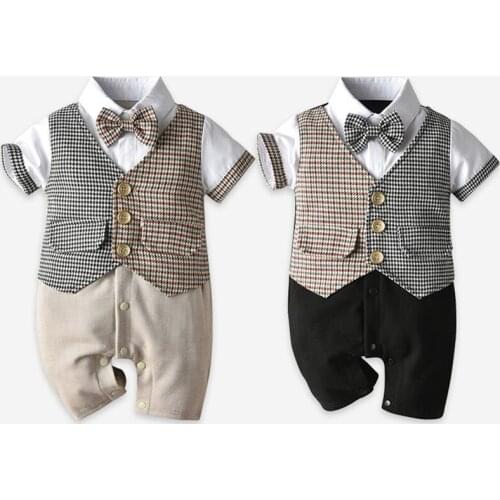 Summer fashion baby boys romper gentleman boxer color matching lattice vest fake two-piece robe jumpsuit