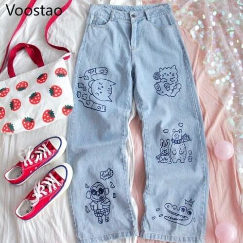 Japanese Sweet Women Cute Cartoon Print High Waist Jeans Korean Fashion Loose Straight Pants Girls Streetwear Casual Trousers