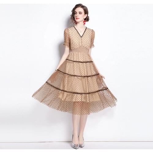 JSXDHK Runway Summer Polka Dot Mesh Dress 2021 Fashion Women V Neck Puff Sleeve High Elastic Waist Lace Tulle Midi Dress Vestido