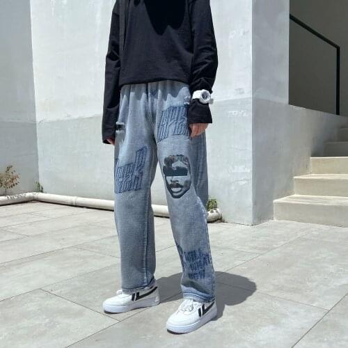 Ripped Hiphop Jeans Mens Loose Straight Wide-leg Denim Pants Printed Casual Trousers Comfortable Streetwear Pants Four Seasons