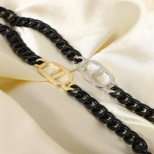 Minar Unusual Black Twist Chain Bracelets for Women Men Gold Colour Pig Nose Clasp Charm Bracelets Party Punk Accessories