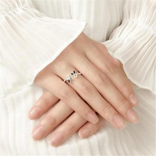 New Arrival Handmade Epoxy Flower 925 Sterling Silver Jewelry Black Flower Leaf Popular Exquisite Opening Rings SR595