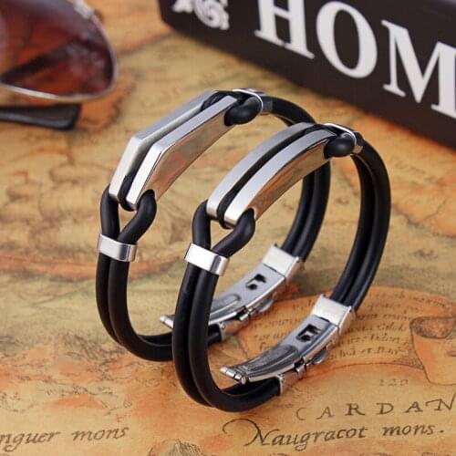 Wholesale Fashion Men Women Bangle Bracelet Cool Stainless Steel Rubber Wristband Bangle Clasp Cuff Couple Bracelet Jewelry Gift