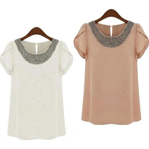 Hot Loose Womens Shirt Adorned With Shiny Beads Chain Shirts Lotus Leaf Sleeve Shirt Chiffon Blouse 2 Colors