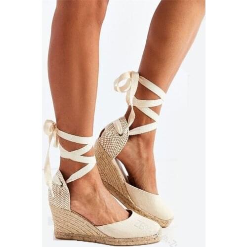 VOGELLIA Ankle Strap High Heels Sandals Women Cloth Platform Wedges Fashion Lace up Sandals Summer Spring Casual Shoes