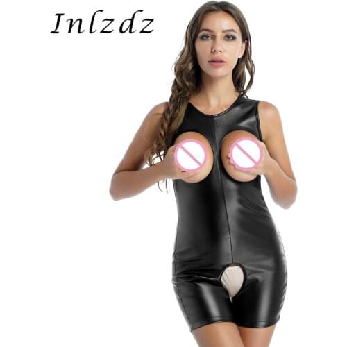 Sexy Womens Lingerie Crotchless Open Cup Bodysuit Round Neck PU Leather Erotic Catsuit Open Front Lace-up Back Skinny Jumpsuits