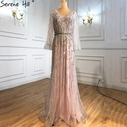 Serene Hill Muslim Pink Luxury Evening Dresses Gowns 2021 A-Line Beading Sparkle Sexy Formal Dress LA70972