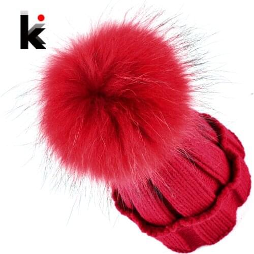 2018 Fashion winter warm hat child caps fur ball knitted beanies kid wool skis cap raccoon hats for girl children