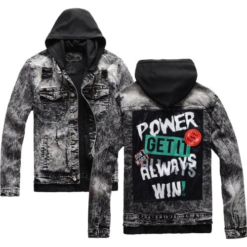 Hat Detachable Letter Printed Denim Jacket Mens Hooded Autumn Winter Black Washed Denim Coat Hip Hop Slim Club Party Clothes
