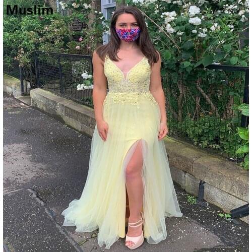 Light Yellow Long Slit Prom Dress With Beaded Lace V Neck Boho Tulle V Neck Evening Dress 2021 Full Length Night Dance Dress